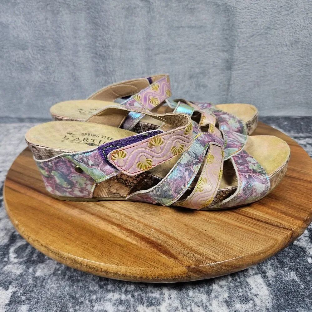 L'artiste Spring Step Yorini Multicolor Leather Wedge Sandals Womens 38 US 7.5 8